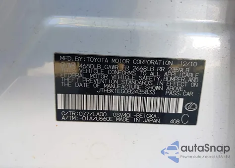 2011 Lexus Es 350 from USA, damaged, VIN JTHBK1EG0B2435833